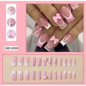 French Tip Press On Nails Pink Bow Rhinestone Square False Nails 24 Count